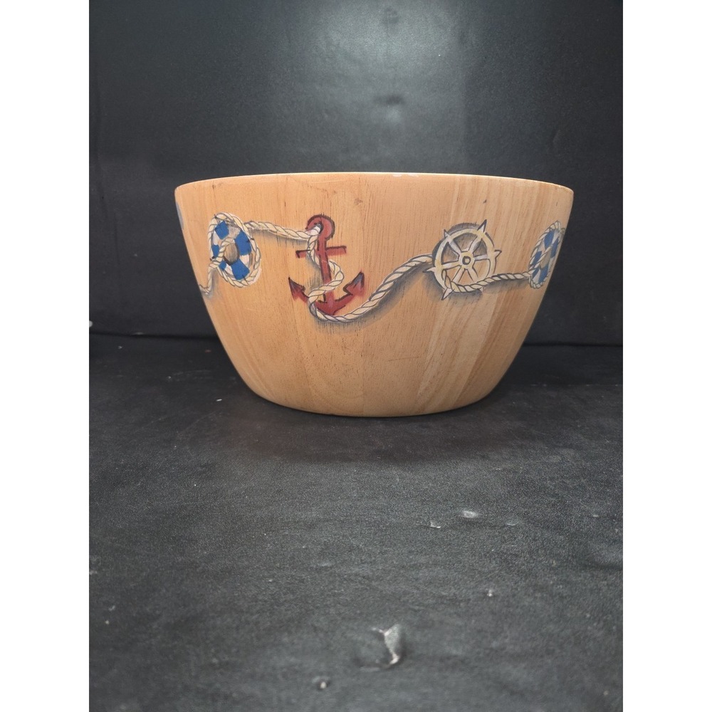 Clay Art Hand Painted Wooden Serving Bowl, Nautical & Anchor Design, Salad Dish